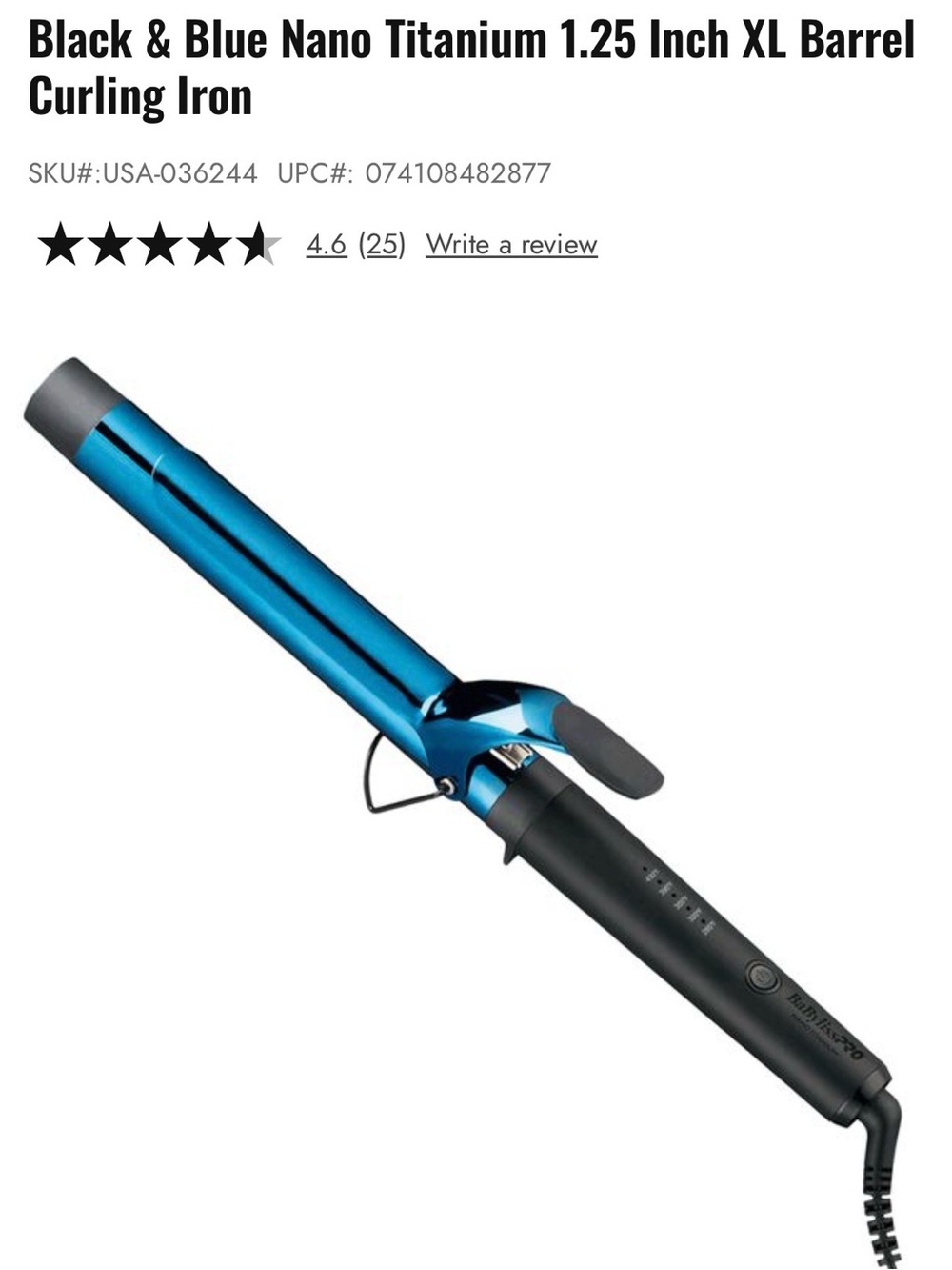 Babyless Blue Nano Titanium 1.25" XL Barrel Curling Iron